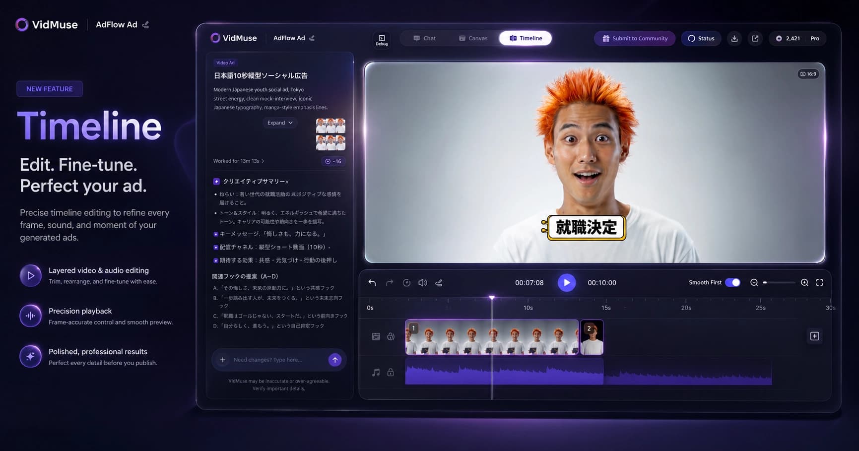 VidMuse timeline editor showing video clips, voiceover, music, subtitles, and CTA overlay tracks
