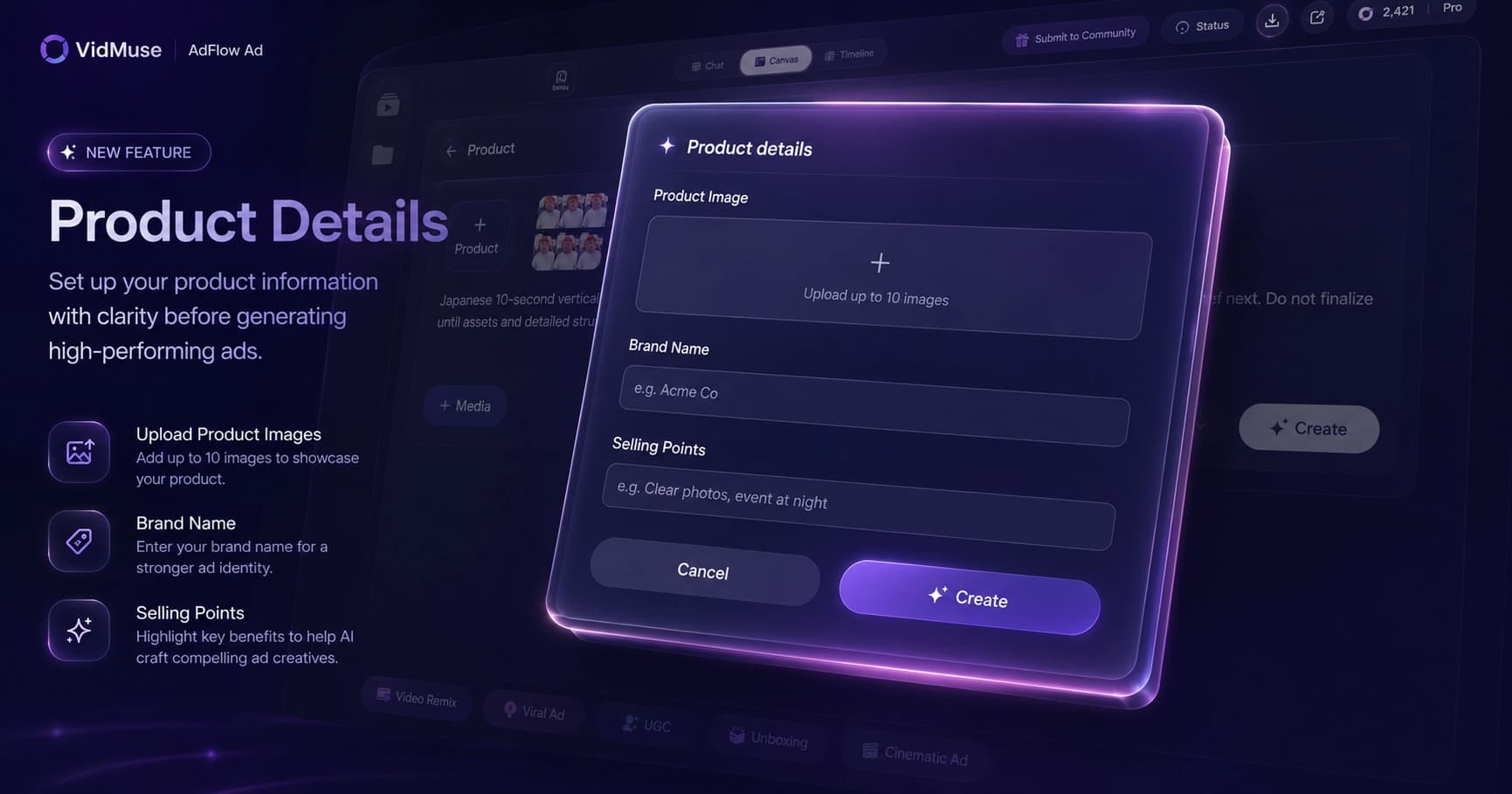 VidMuse product input screen showing URL paste field and photo upload area
