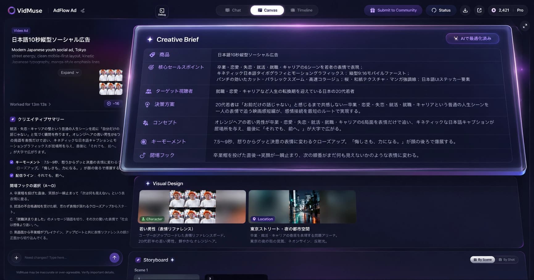 AI creative brief showing ad script with hook, scene descriptions, and template selection