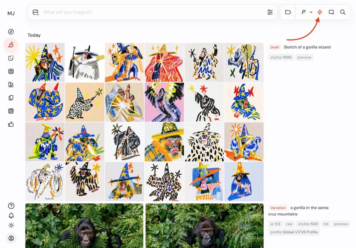 Midjourney Draft Mode grid showing 24 different style variations from single prompt