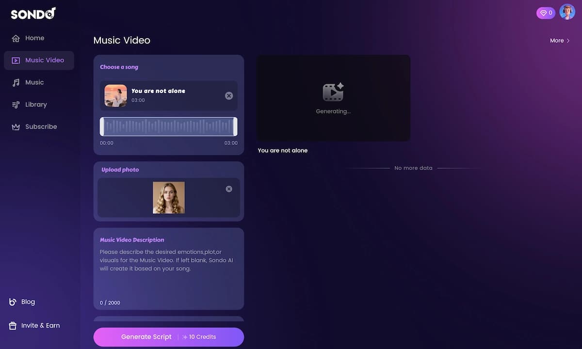 Sondo AI music video creation dashboard