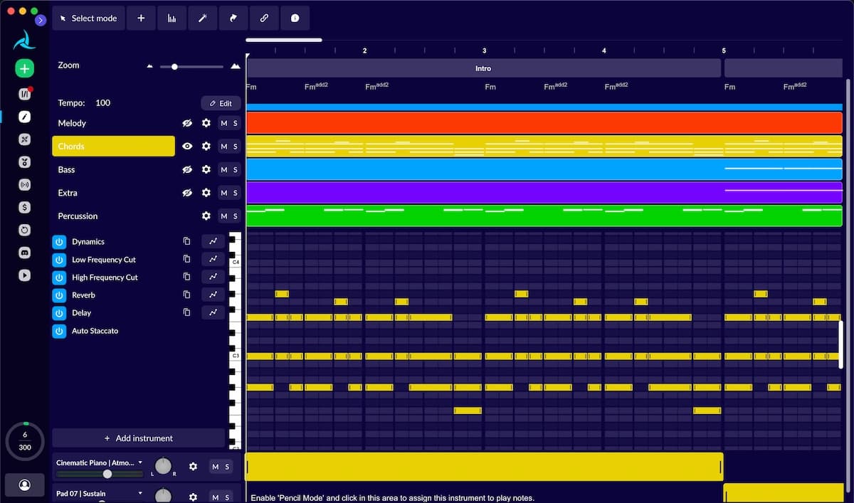 AIVA AI editable composition timeline and piano roll interface