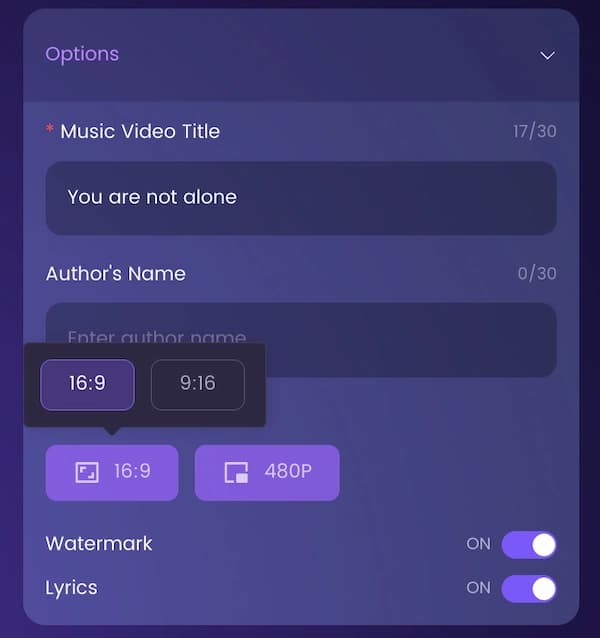 Sondo AI aspect ratio selection for music videos
