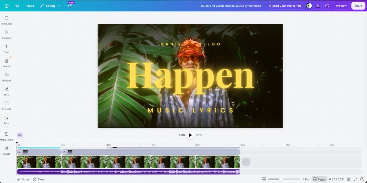 Canva lyric video maker template design interface
