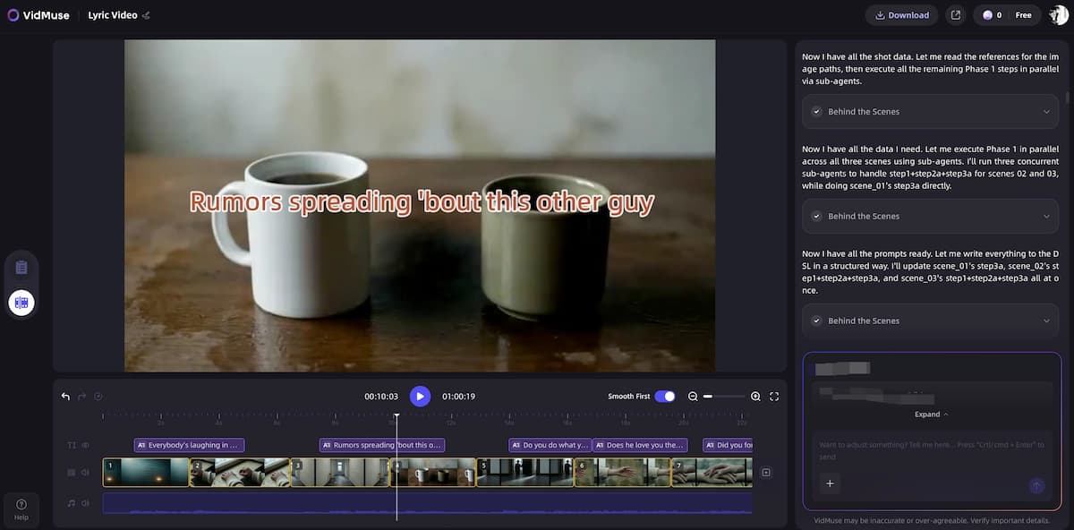 VidMuse AI lyric video maker scene planning interface