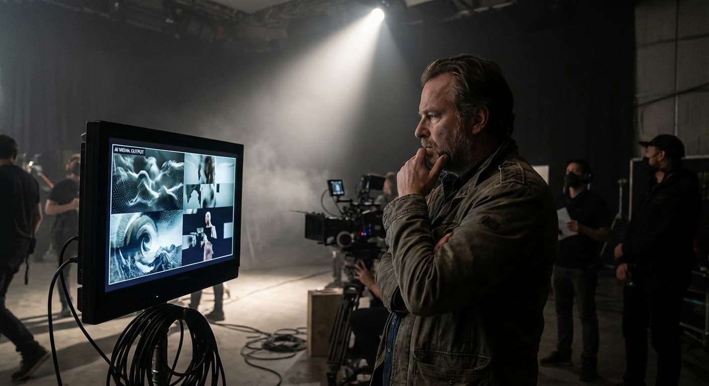 A dimly lit film set with a single spotlight illuminating a director thoughtfully gazing at a monitor displaying AI-generated visuals, emphasizing the creative process.