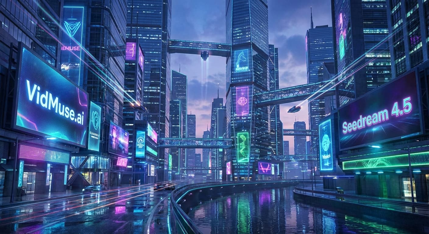 A futuristic cityscape at dusk, with neon lights reflecting on sleek, modern buildings, hinting at the advanced technology powering VidMuse.ai and Seedream 4.5.