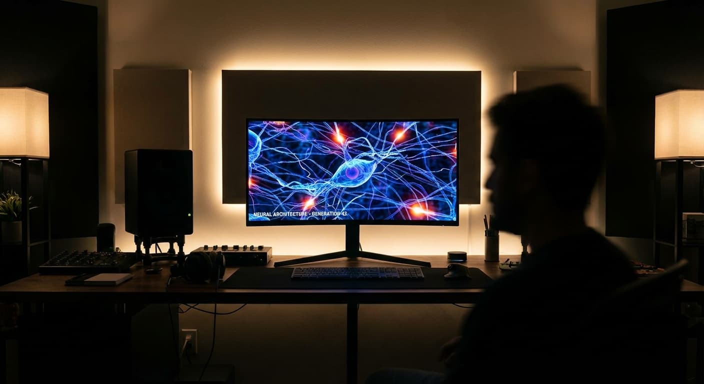 A dimly lit studio with a single monitor displaying a complex AI rendering. The room is filled with the soft glow of ambient lighting, creating a sense of focus and innovation.