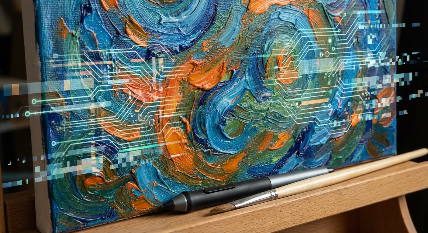 A close-up shot of a painter's canvas with vibrant colors and textures, subtly blending with digital elements. The image evokes the fusion of traditional art and AI technology.