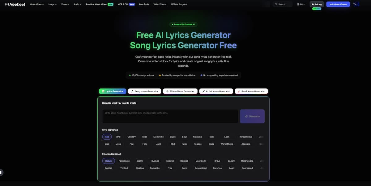 Freebeat AI lyric generator for rap drill and pop drafts