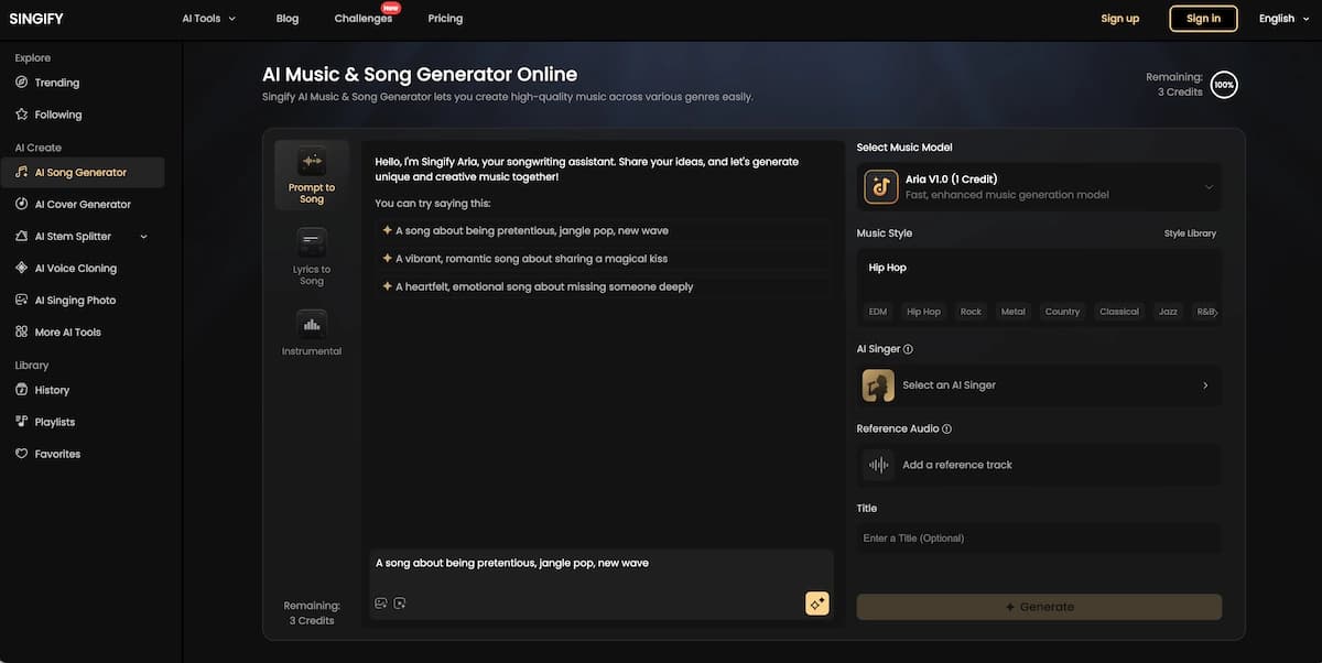 Singify AI song generator for covers and voice variety
