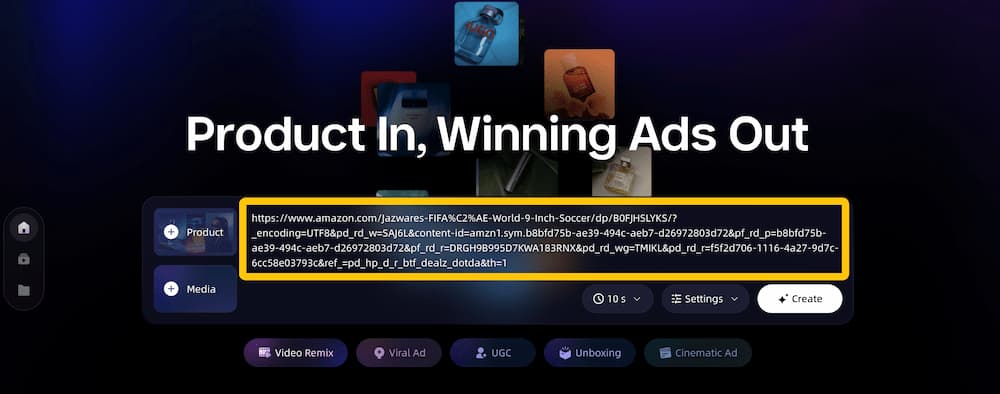 Pasting an Amazon product URL into VidMuse AI ad generator