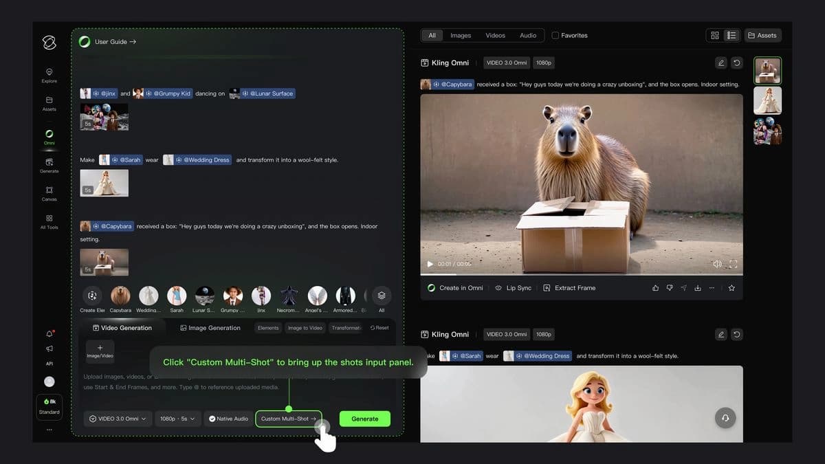 Kling 3.0 Omni multi-shot storyboard control panel