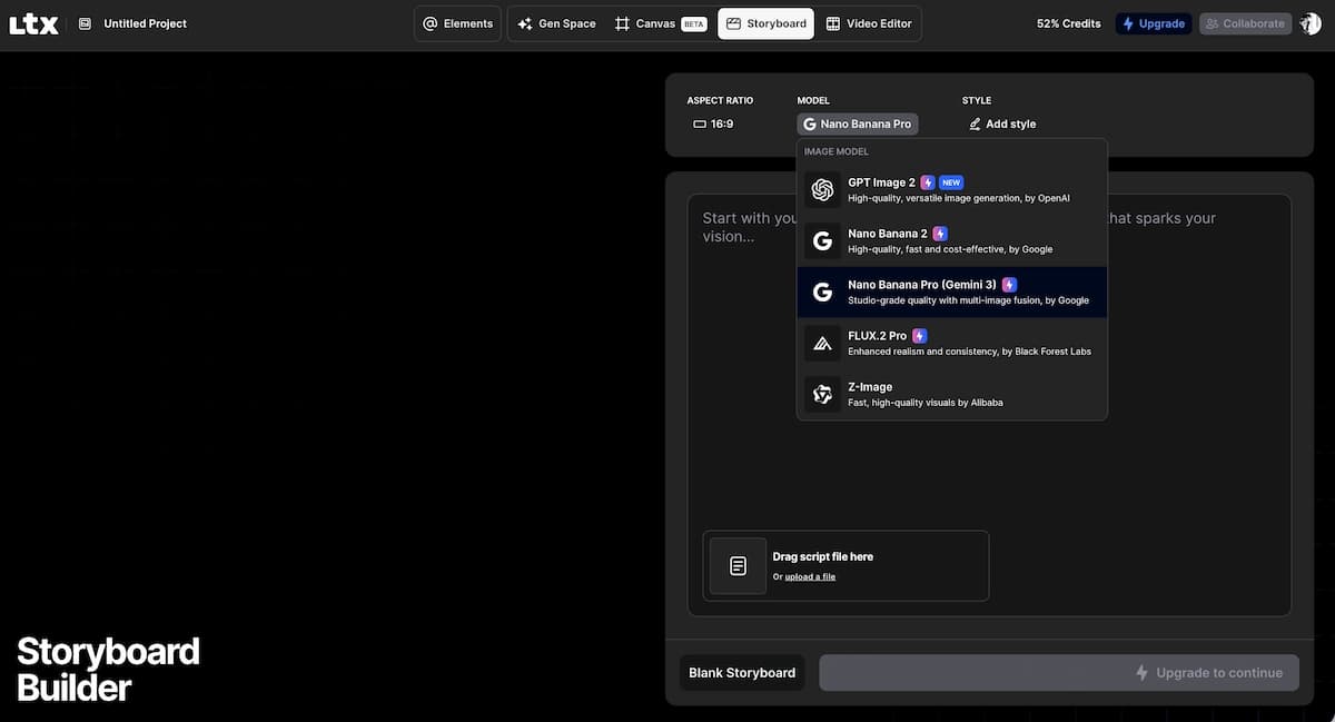 Select LTX Studio model and visual style settings