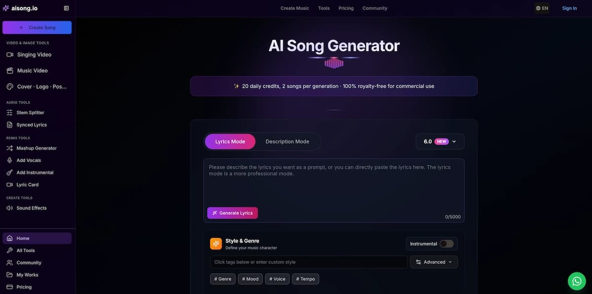 AISong.io free AI song generator for royalty free tracks