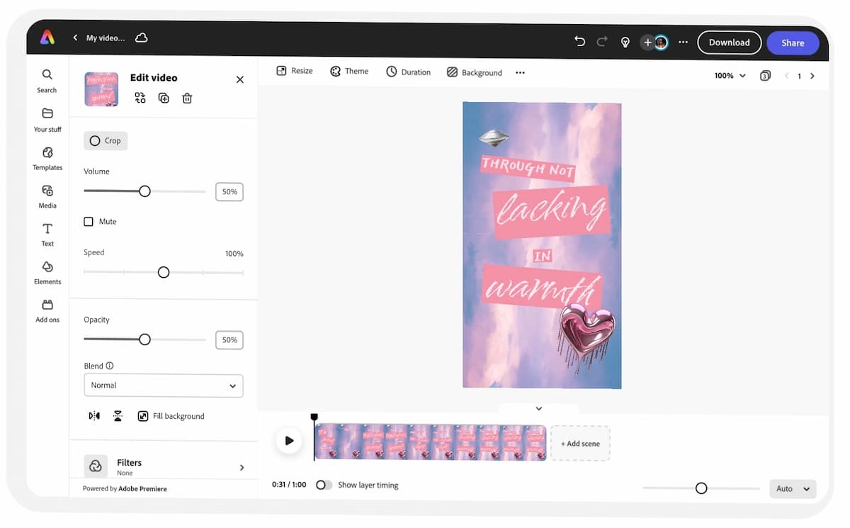 Adobe lyric video maker template editing interface