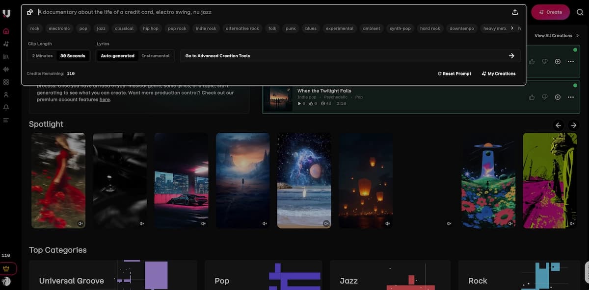 Udio AI music generator browser interface overview