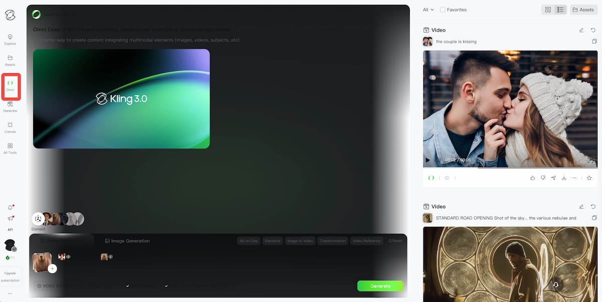 Kling 3.0 Omni interface for multimodal video generation